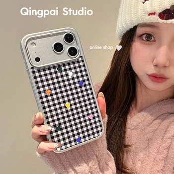 Lightweight and Simple Black Plaid with Colorful Hearts, Suitable for Apple 17 Pro Max Phone Case, iPhone 16 Pro New Model, 15 Women's Model, 14 Silver Frame, 13 Niche Style, Korean Style Full-Cover Hard Case