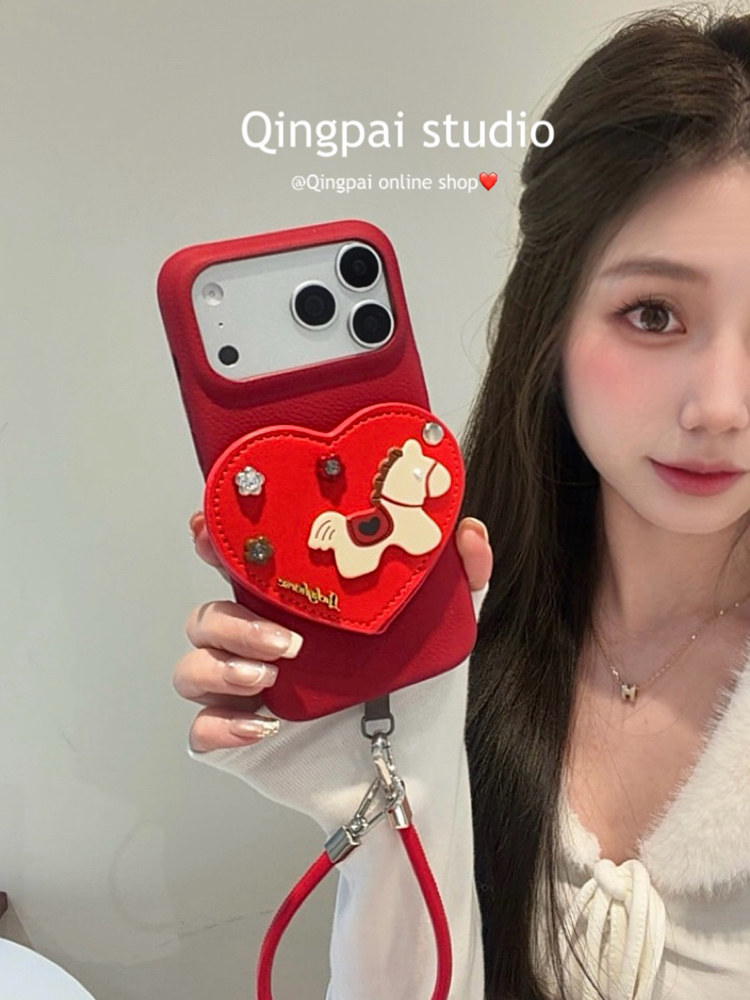 Lightweight Leather New Year Red 3D Heart Mirror Case with Lanyard Suitable for Apple 17 Pro Max Phone Case iPhone 16 Pro New Model 15 Women's Model 14 Simple 13 High-End Full-Cover Hard Case