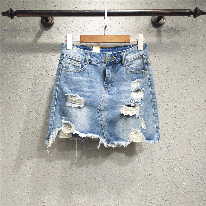 New denim skirt hip skirt Joker slim Korean irregular denim skirt denim skirt ripped skirt