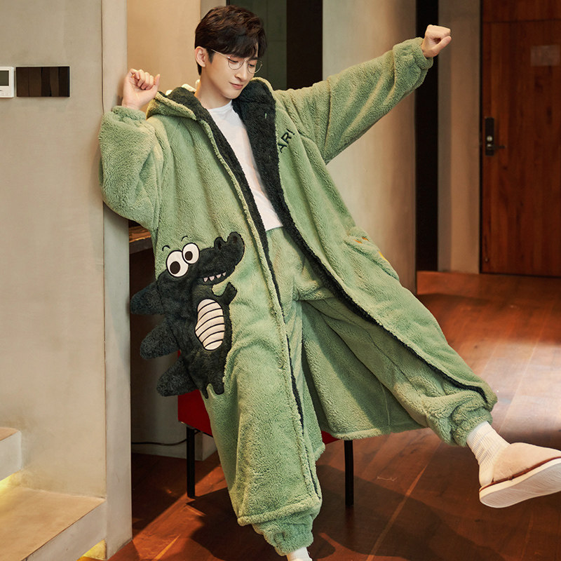 Men's pajamas autumn and winter padded velvet coral velvet robe set Winter flannel dinosaur home wear