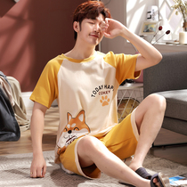 Mens pajamas short-sleeved shorts summer thin summer junior high school students cotton cartoon home clothing set