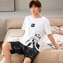 Pajamas mens summer thin cotton short-sleeved boy big childrens suit Teen student cartoon hand-painted home clothes tide