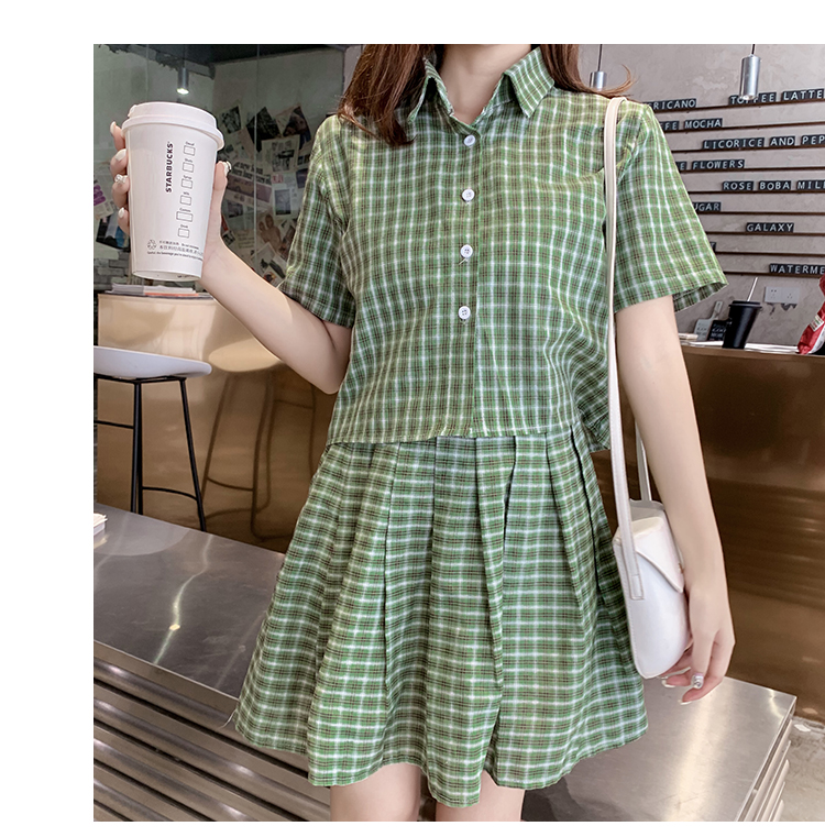 VK旗艦店 韓系格紋休閒短袖襯衫百褶短裙套裝短袖裙裝