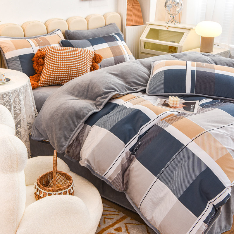 Winter a pure cotton b coral velvet four-piece cartoon ab face plus velvet thick single-sided quilt cover four-piece a cotton b velvet