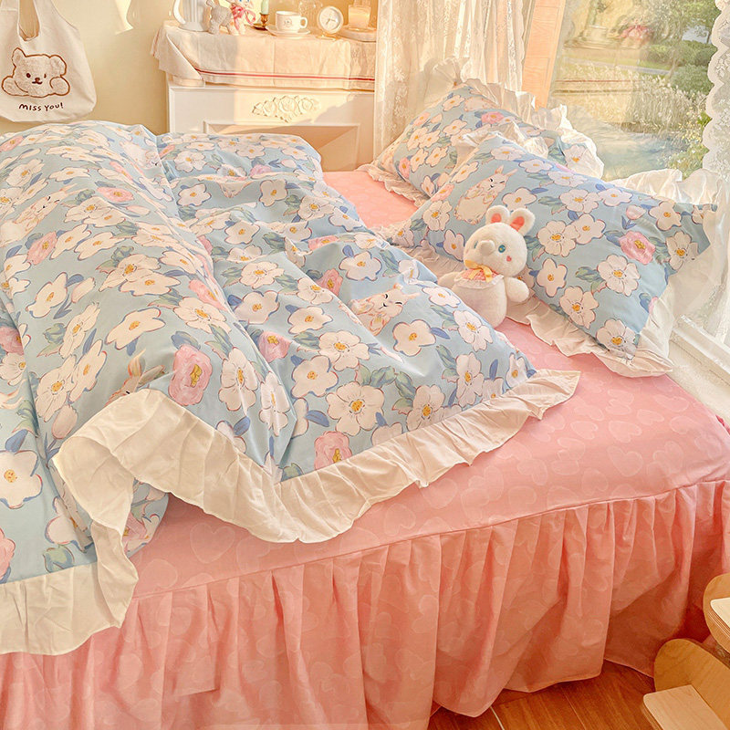 Han Style Lace Princess Wind Four Pieces Of Pure Cotton Full Cotton Bed Dresses Bed Hat Linen Quilt Cover Four Sets Four Seasons Universal