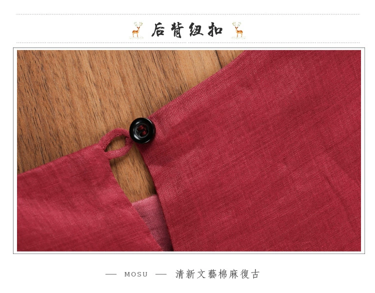 New Oxygen Crimson Nhẹ mỏng Vải lanh tay ngắn Xếp li cao Eo Dress Dress Mùa hè Phụ nữ văn học mới - Sản phẩm HOT