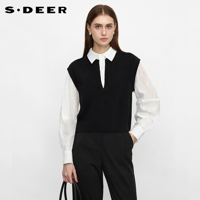 Sdeer Women's Preppy Style Color-Blocked Lantern Sleeve Sweater