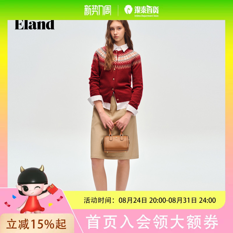Eland Women's Fair Isle Jacquard Red Knit Sweater 2026 Spring Eland Women's Fair Isle Jacquard Red Knit Sweater 2026 Spring