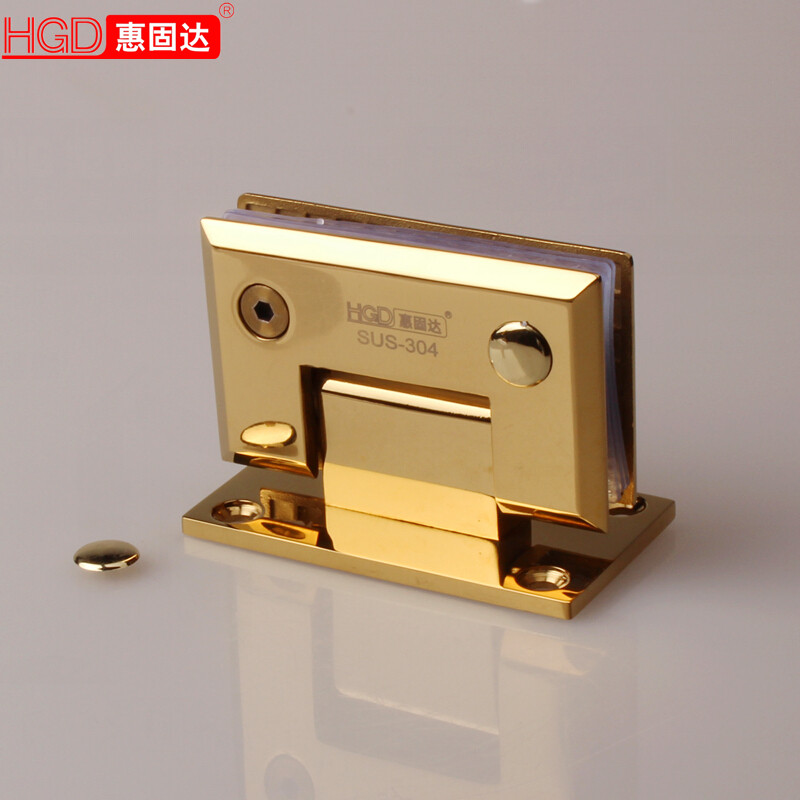 Huiguda Precision cast 304 steel glass door hinge Bathroom clip 90 degree beveled solid PVD titanium gold
