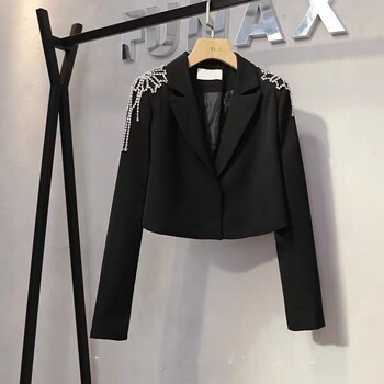 ສະຖານີເອີຣົບ black jacket tassel beads niche versatile cardigan original design long sleeve fashion suit jacket women