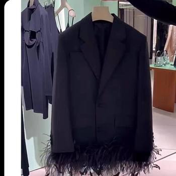 Black Swan Design! Feather Suit, Mid-Length Suit, 2033 Spring New Style, Slimming and Super Fashionable