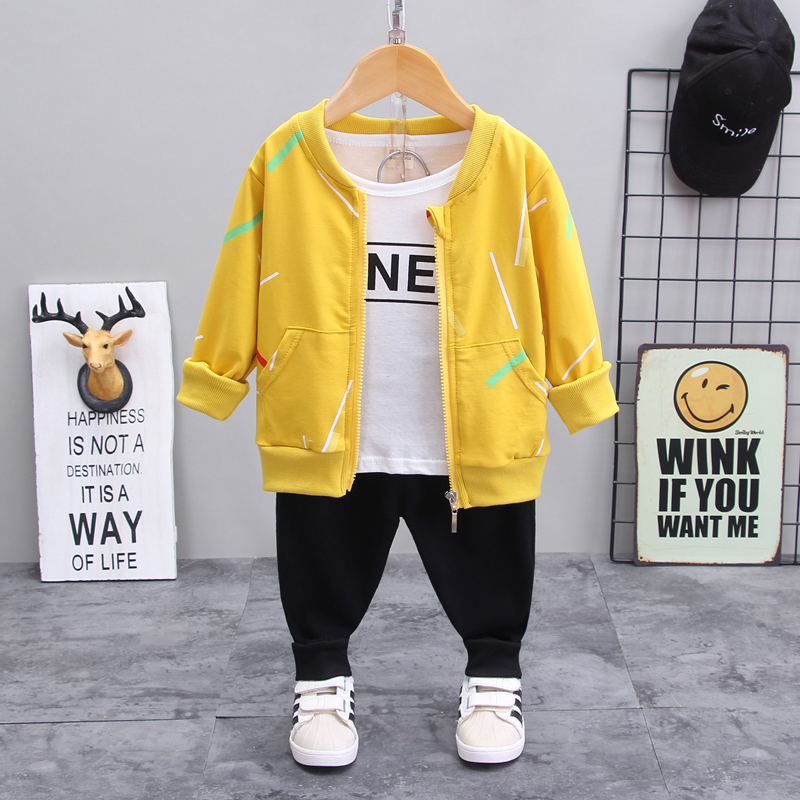 Bhn Zipper Three Piece Set - Yellow2021 Boy Spring Three piece set children child leisure time clothes Baby boy Autumn clothes 1-3 year 4 Foreign style tide Children's wear