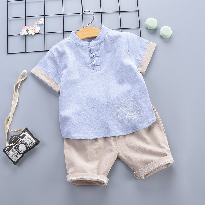 Hanfu Blueparagraph Boy summer Short sleeve suit 1-3 year 4 children Foreign style Check pattern shorts 2021 baby summer wear Two piece set