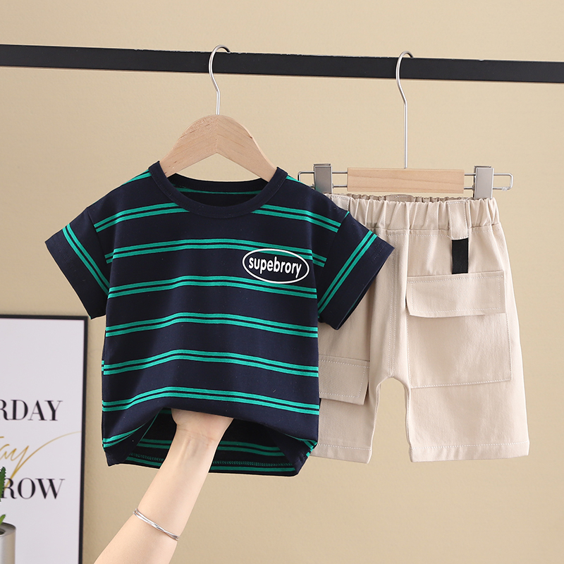 Big Stripe Short Sleeve Greenparagraph Boy summer Short sleeve suit 1-3 year 4 children Foreign style Check pattern shorts 2021 baby summer wear Two piece set