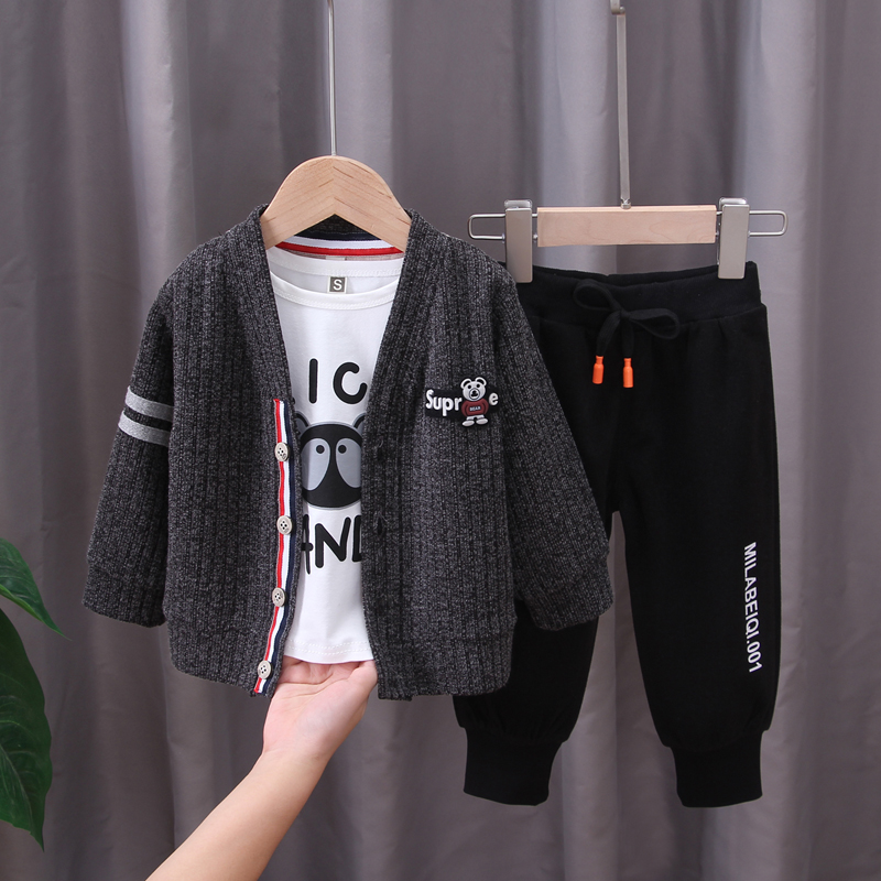 Cardigan Panda Three Piece Suit - Dark Grey2021 Boy Spring Three piece set children child leisure time clothes Baby boy Autumn clothes 1-3 year 4 Foreign style tide Children's wear