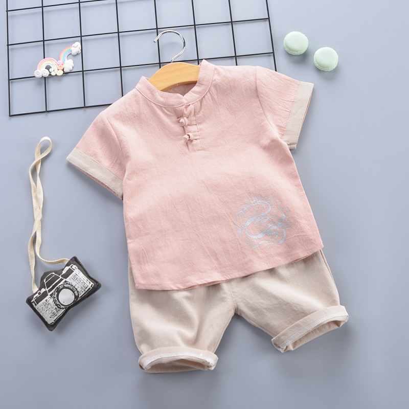 Hanfu Pinkparagraph Boy summer Short sleeve suit 1-3 year 4 children Foreign style Check pattern shorts 2021 baby summer wear Two piece set