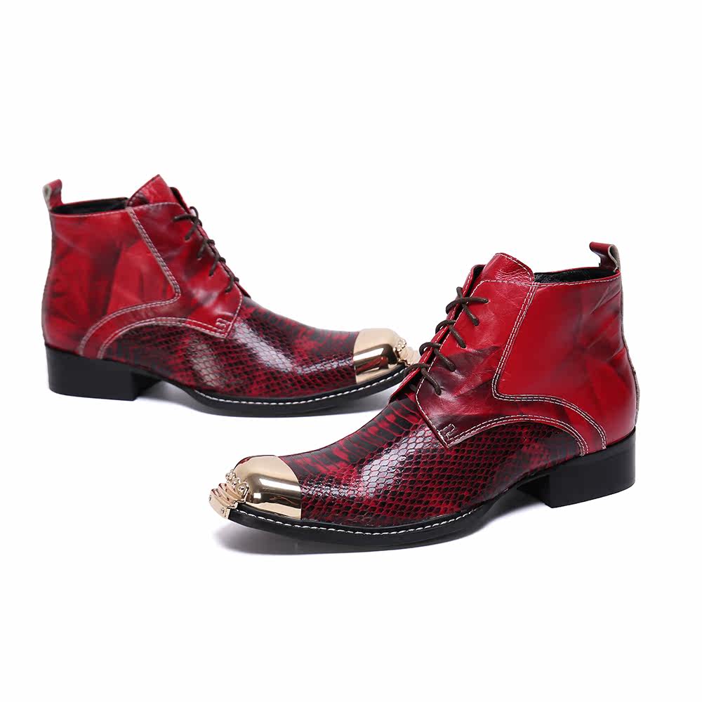 Han edition personality wine red old car iron scalp boots with business foreign trade hairdresser fashion short cylinder cowboy boots