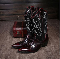 New British fashion Korean version retro youth mens boots casual embroidery flower mens leather boots wine red pointed high boots