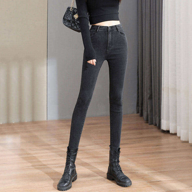 Mara Sixty European jeans women's autumn and winter plus velvet high waist slimming black slim elastic small feet cigarette pants