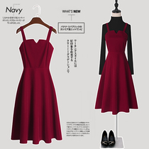 Gold Velvet Dress Dress Woman Autumn Winter Noble Foreign Air Braces Dress Two Suit Style Herbene Wind Red Hanging Strap Skirt