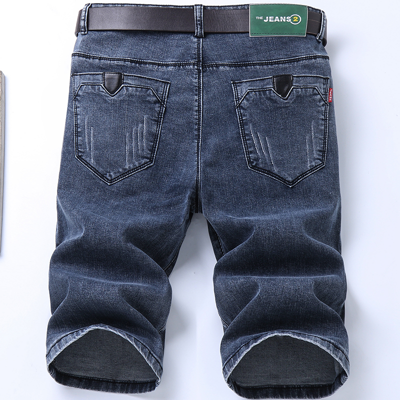 夏用薄手ブルーグレー七分丈デニムショートパンツ メンズ ゆったりストレート 伸縮性あり 若者向け アメリカンカジュアル 半ズボン