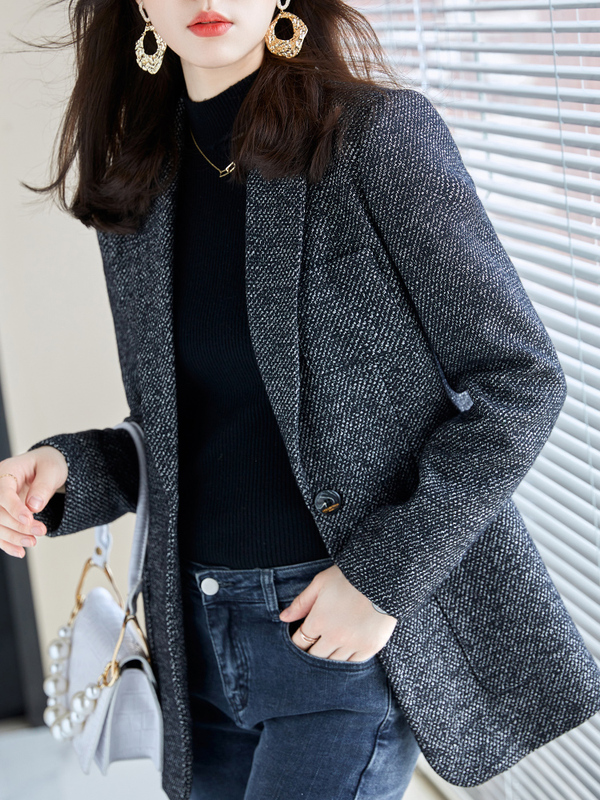 Black Wool Blazer for Women, Winter 2026, Professional Style, Goddess Style, Casual, Plus Size, Thickened Small Suit