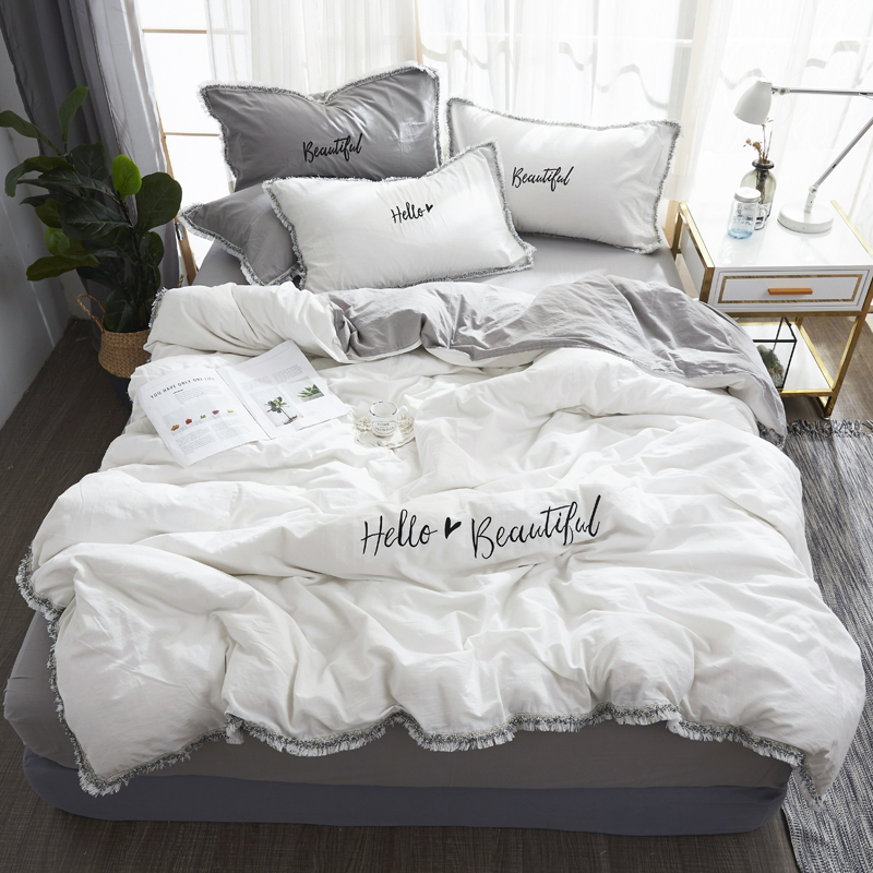 Net red white ins embroidery cotton four-piece set Girl heart bed sheet duvet cover Cotton bedding Fitted sheet set