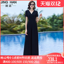 Jumpsuit womens 2021 summer new high waist slim straight fashion foreign style black chiffon wide leg jumpsuit