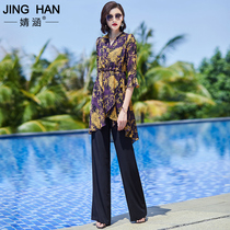 Fashion set womens 2021 new casual foreign style chiffon high wide leg pants age slim light mature wind two-piece set