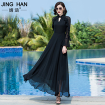 Black skirt 2021 New chiffon vneck summer waist slim long dress long pendulum long sleeve dress