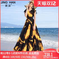 Jinghan chiffon dress female summer 2021 new very fairy sweet knee long skirt printed seaside holiday dress