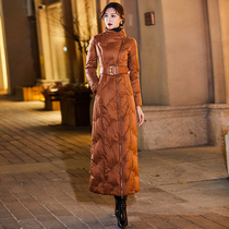 Fashion down clothes woman long style 2021 Winter new white duck suede collar obliquely zipped over knee to ankle thick jacket