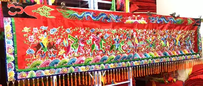 Traditional red satin cloth embroidery Eight immortals colored eyebrows Festive banner No Jinyu Mantang Universal temple household