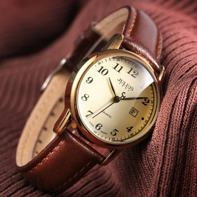 Authentic Juli Shi women's watch, Korean version, fashionable, retro and simple women's wristwatch, trendy calendar leather strap quartz watch