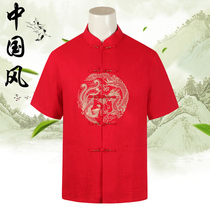 Chinese style red summer thin linen short sleeve Tang men cotton linen plus fat plus size embroidered dress shirt