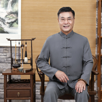 Autumn thin middle-aged and elderly mens ice Silk linen long sleeve Tang suit set Chinese casual loose large size dad dress