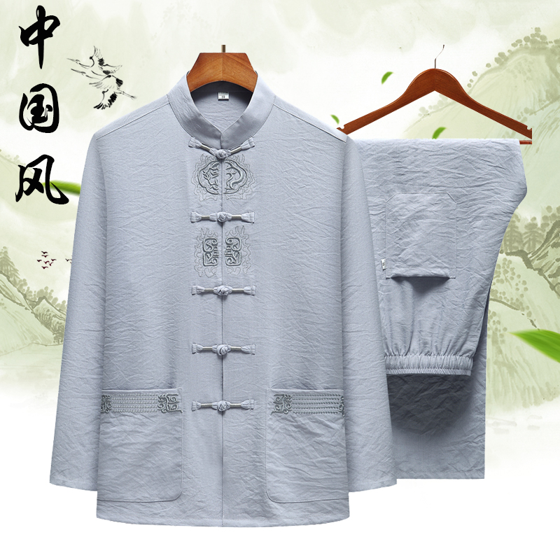 Spring and autumn thin long sleeve linen set Tang suit middle-aged and elderly men loose plus size casual cotton hemp dad shirt