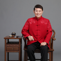 Chinese style red Double Dragon Spring Autumn linen Tang jacket middle-aged and elderly men plus fat plus size Chinese jacket