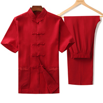 Chinese style summer thin linen middle-aged and elderly mens short sleeve father Tang suit Chinese cotton linen loose casual shirt