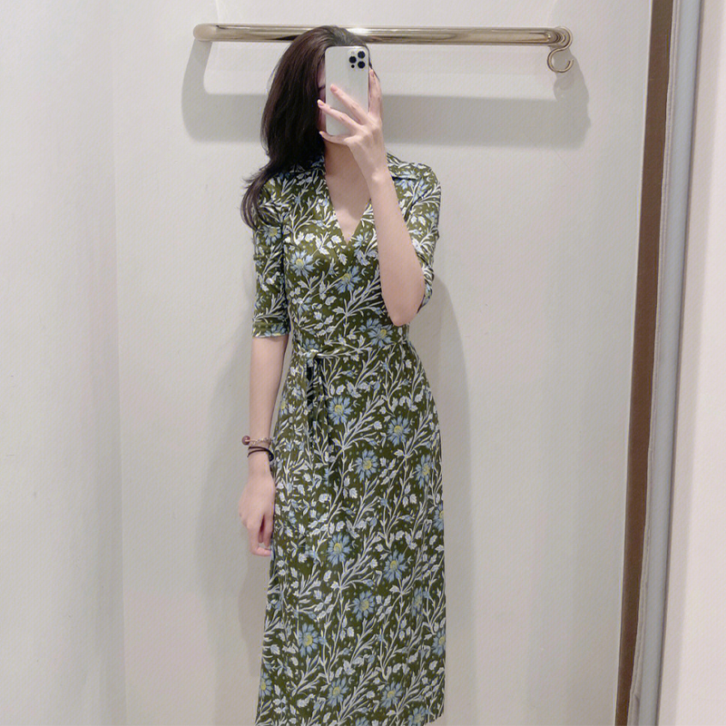 Fov Dvf Ey Popular Khaki Green Hibiscus Floral Elegant Slim-Fit Stretch Silk One-Piece Dress