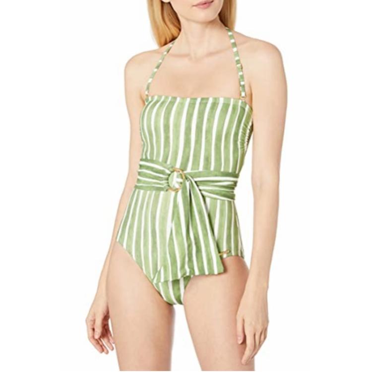 Europe and the United States VC2020 new fashion vertical striped one-piece swimsuit is thin and covers the belly high-end vacation swimming women's swimsuit V8