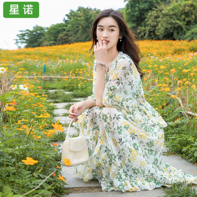 Chiffon floral dress 2024 spring and summer new skirt fairy super fairy style long skirt ankle