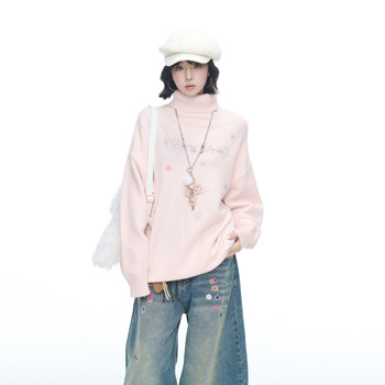 American retro printed pink turtleneck sweater for women and men, new autumn and winter loose, lazy and relaxed pullover sweater