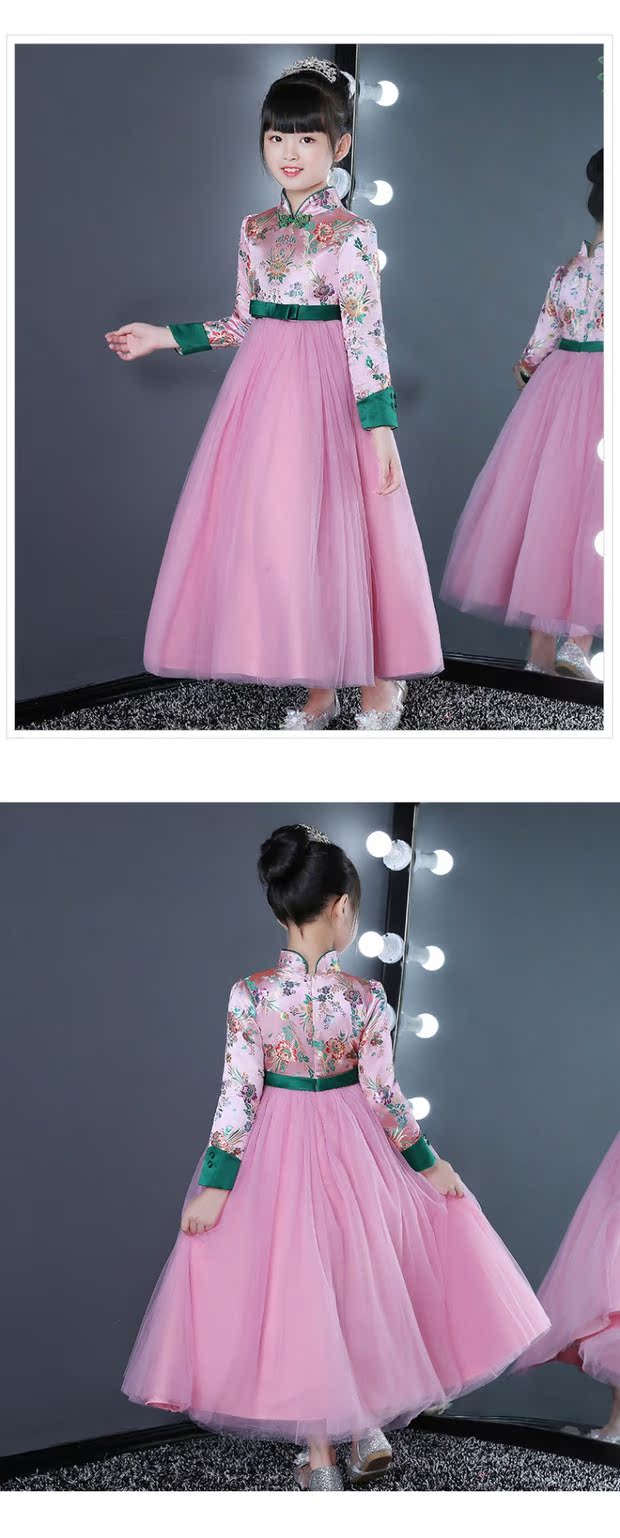 Váy sinh nhật cho bé mùa đông cộng với nhung dài tay sườn xám Phong cách Trung Quốc Trang phục hồng lớn thiếu nhi đầm hoa trinh vest đẹp cho bé trai