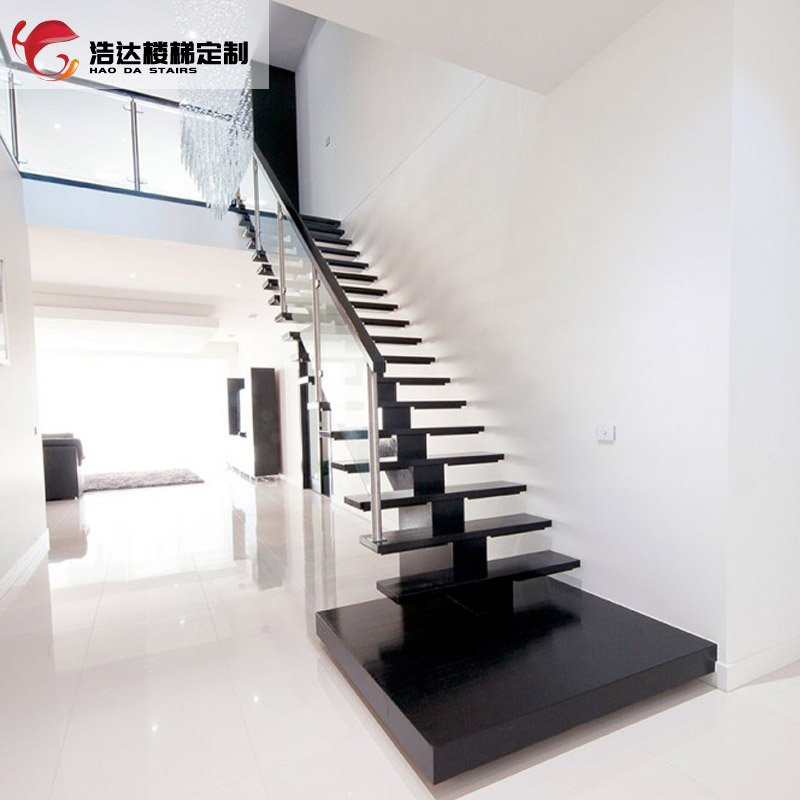 Haoda Glass Straight Beam Loft Stairs Overall Custom Loft Interior Solid Wood Stepping Duplex Steel Wood Straight Ladder Home