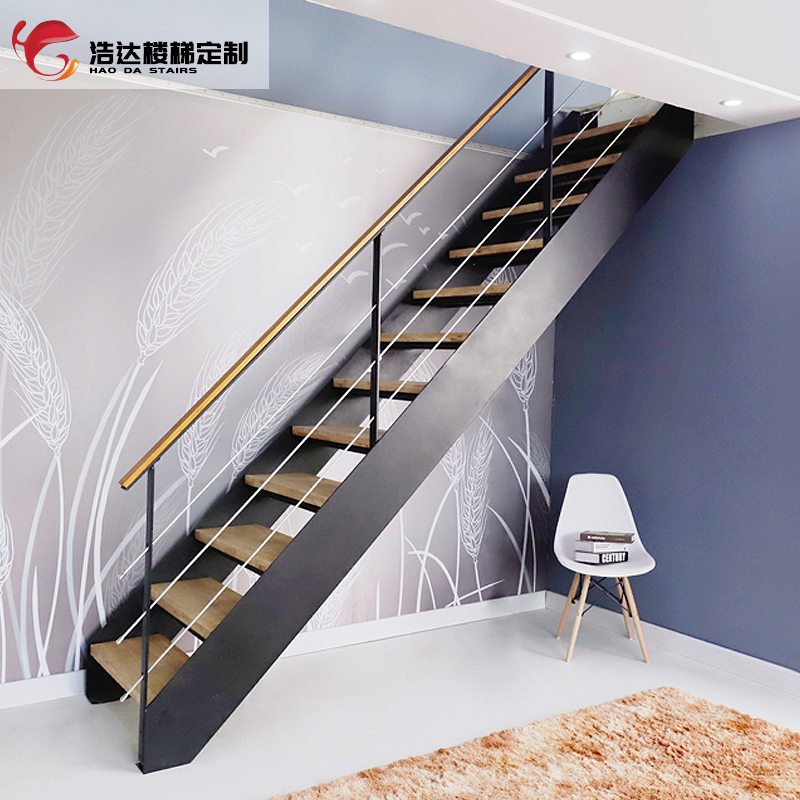 Indoor overall wrought iron steel-wood jump-storey loft rotating double-beam staircase column handrail wooden pedal modern minimalist