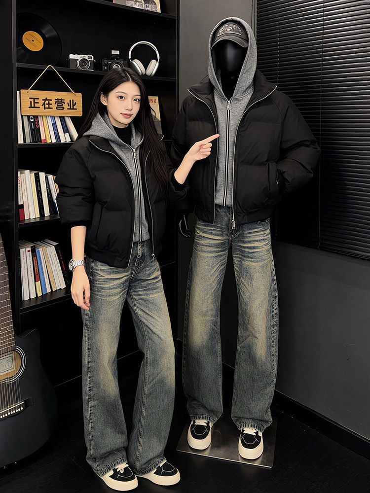 Fake Two-Piece Hooded Pu Leather down Cotton Jacket for Men, Winter Outfit, Cleanfit Short American-Style Puffer Jacket