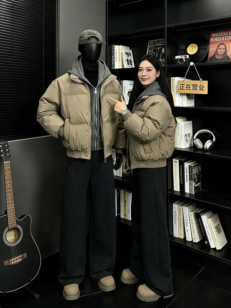 Fake Two-Piece Hooded Pu Leather down Cotton Jacket for Men, Winter Outfit, Cleanfit Short American-Style Puffer Jacket