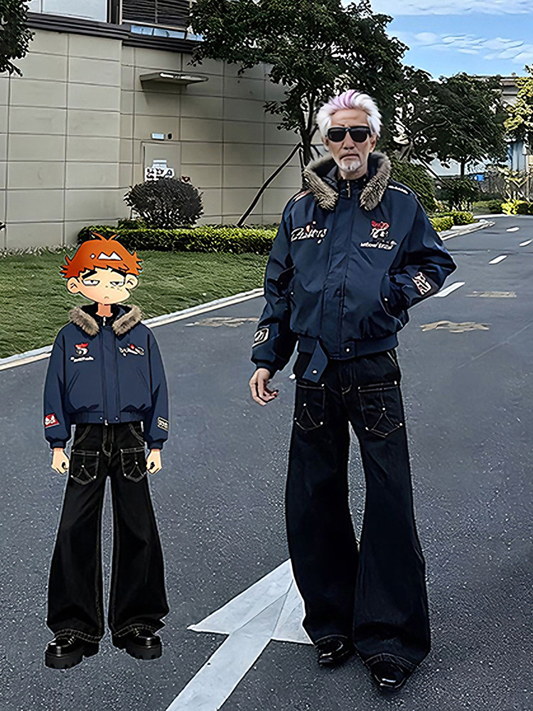 Navy Blue Workwear-Style down Parka for Men, Winter Thickened Short Embroidered Fur Collar Jacket, High Street American Style Puffer Coat