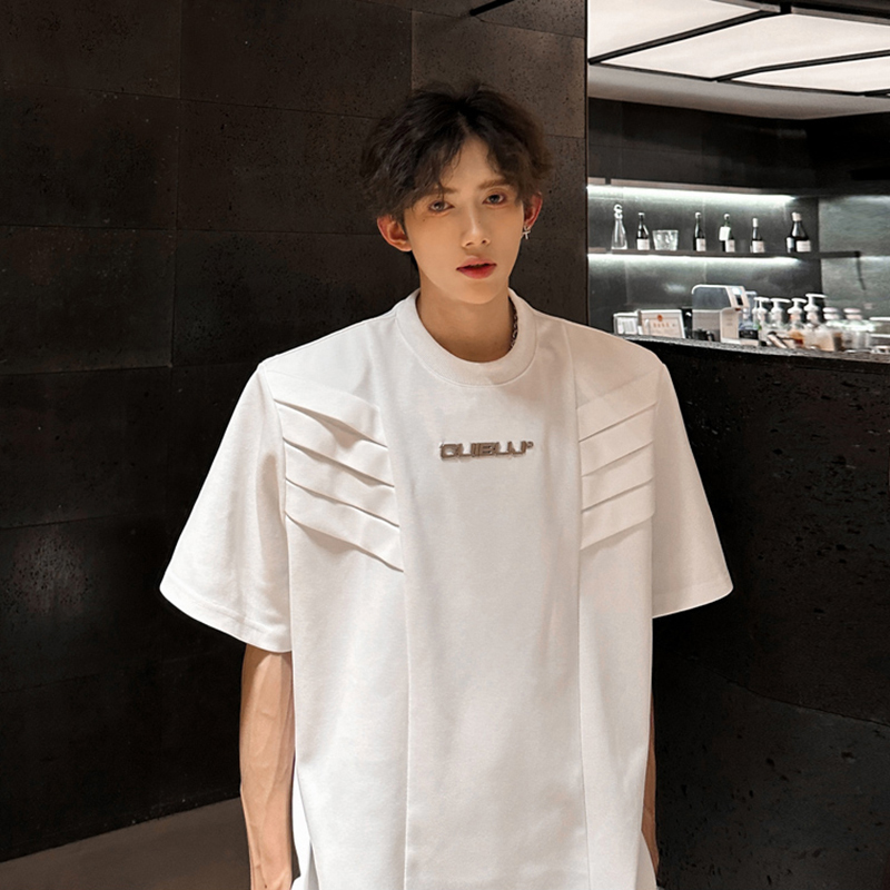 Heavyweight Padded Shoulder White T-Shirt for Men, High-End Hairstylist Trendy Brand Men's Clothing, Deconstructed Short-Sleeve Summer American High Street Half-Sleeve